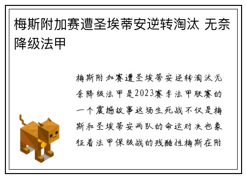 梅斯附加赛遭圣埃蒂安逆转淘汰 无奈降级法甲