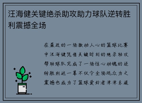 汪海健关键绝杀助攻助力球队逆转胜利震撼全场