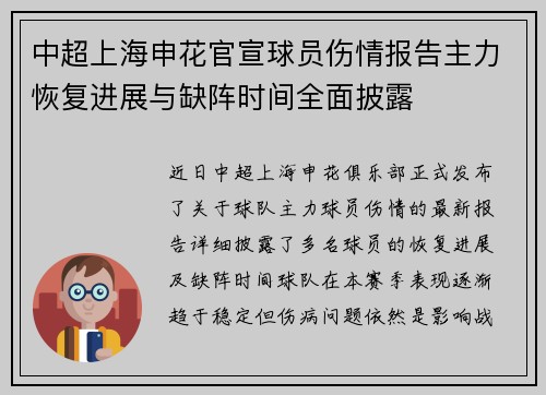 中超上海申花官宣球员伤情报告主力恢复进展与缺阵时间全面披露